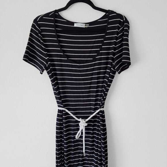 NWOT Calvin Klein Black Stripe Rope Belt Nautical Dress - Picture 9 of 11